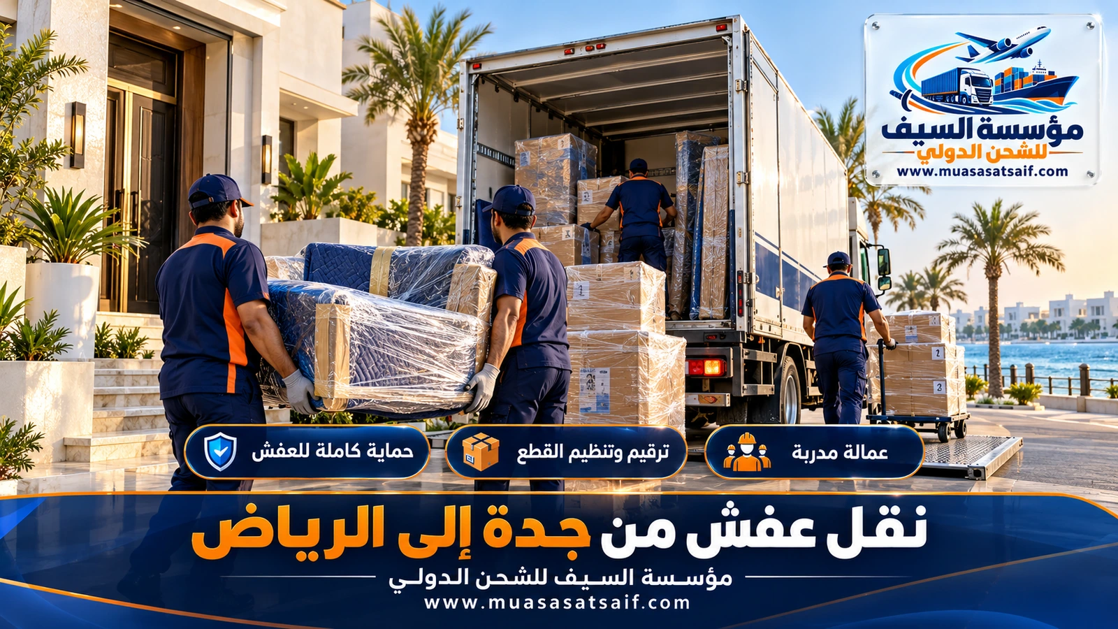 شركة نقل عفش من جدة الي الرياض | فك وتغليف ضد الرطوبة وشاحنة مغلقة حتى باب بيتك