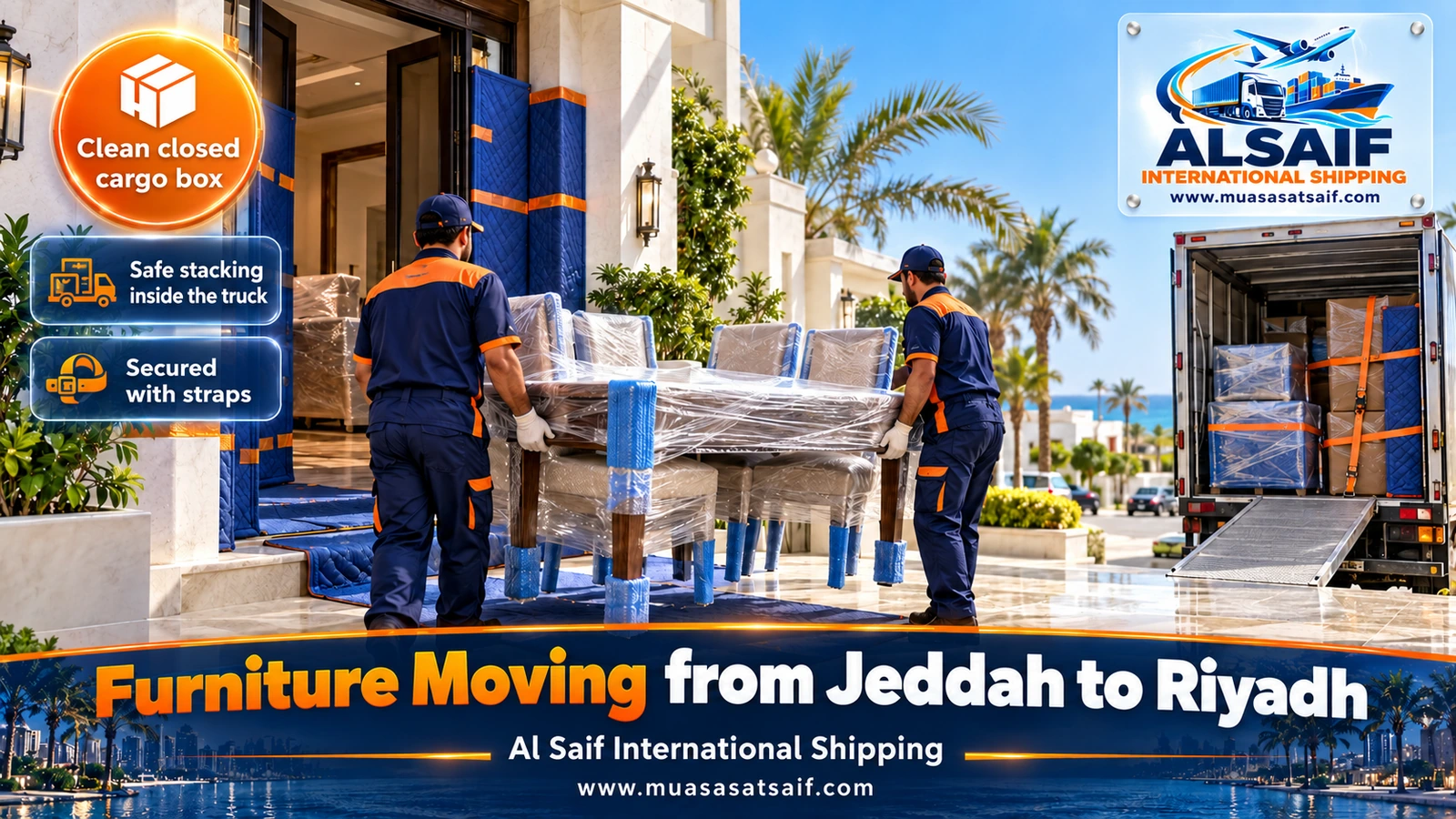 Furniture strapped inside a closed truck for moving from Jeddah to Riyadh