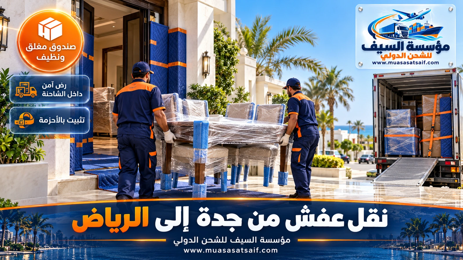 تحميل الأثاث وتثبيته بالأحزمة داخل شاحنة نقل عفش من جدة الى الرياض