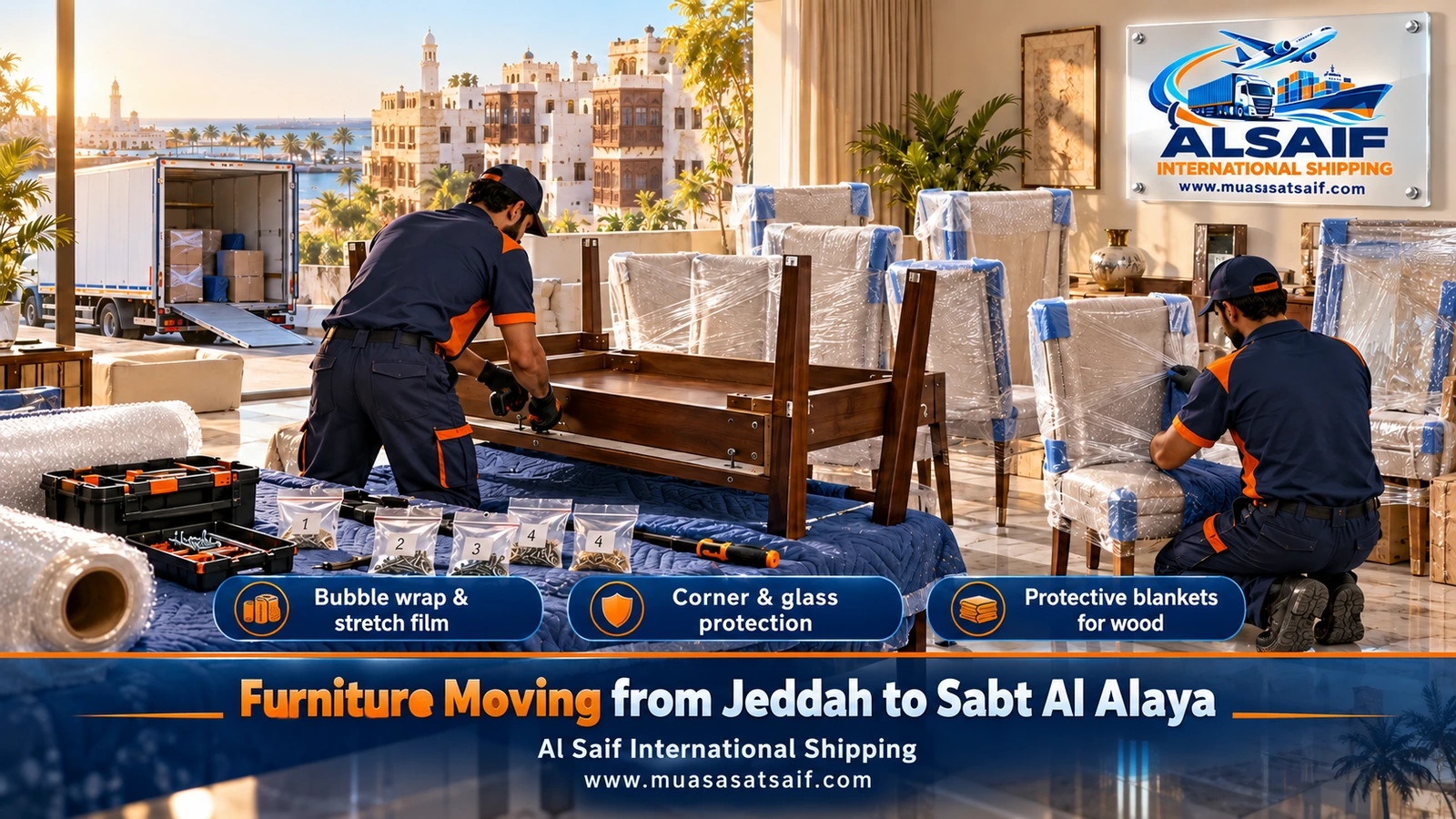 Mattresses, sofas and wardrobes wrapped before moving from Jeddah to Sabt Al Alaya