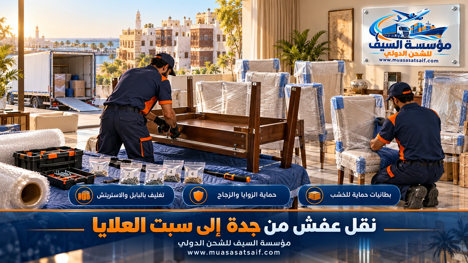 تغليف المراتب والكنب والدواليب قبل نقل العفش من جدة إلى سبت العلايا