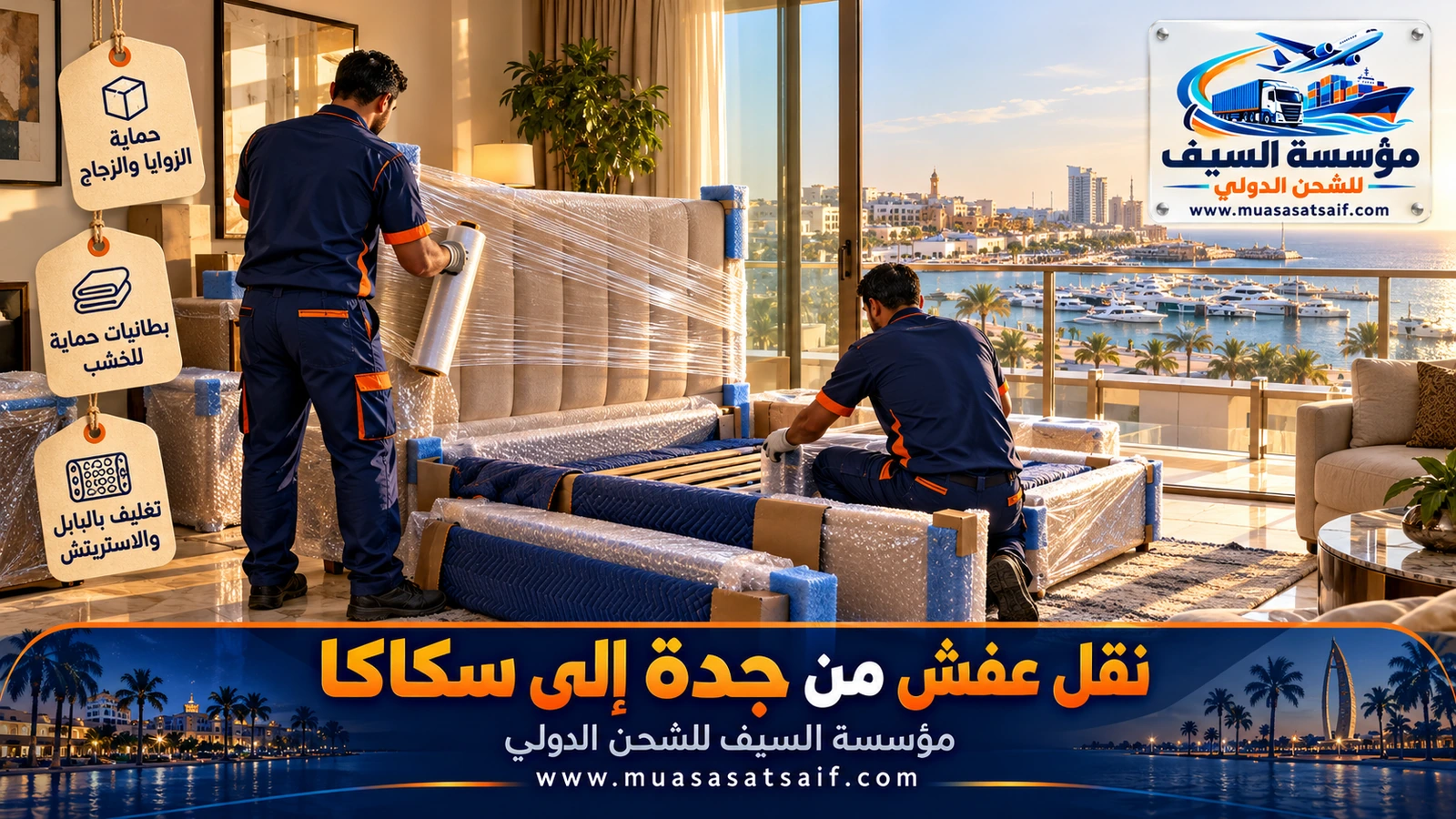 تغليف ألواح غرف النوم بالبطانيات والبلاستيك وحماية الزوايا قبل نقل العفش من جدة إلى سكاكا