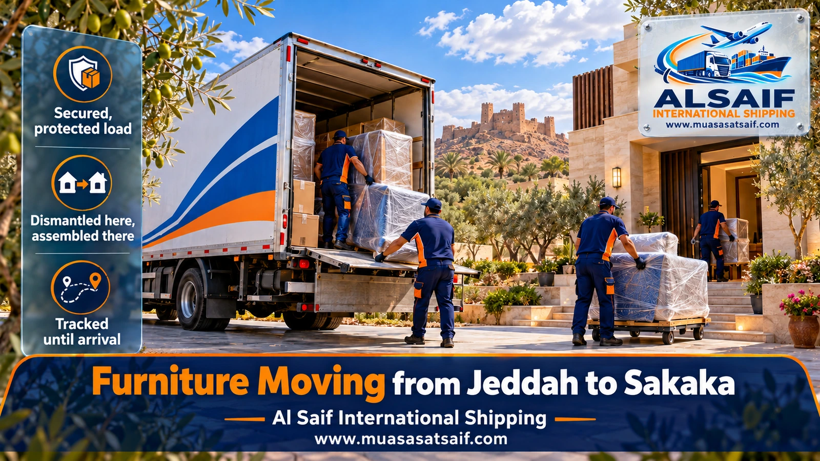 Closed removal truck crossing the Nafud dunes on the Hail–Al Jouf road during furniture moving from Jeddah to Sakaka