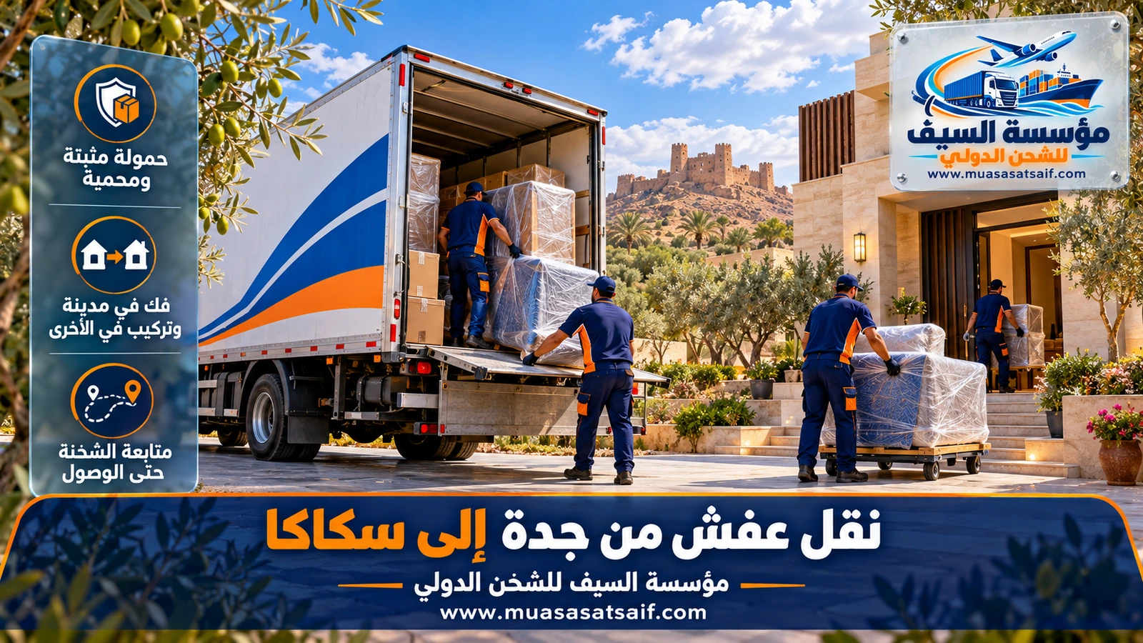 شاحنة مغلقة لشركة نقل عفش من جدة الي سكاكا تعبر طريق حائل الجوف بين كثبان النفود