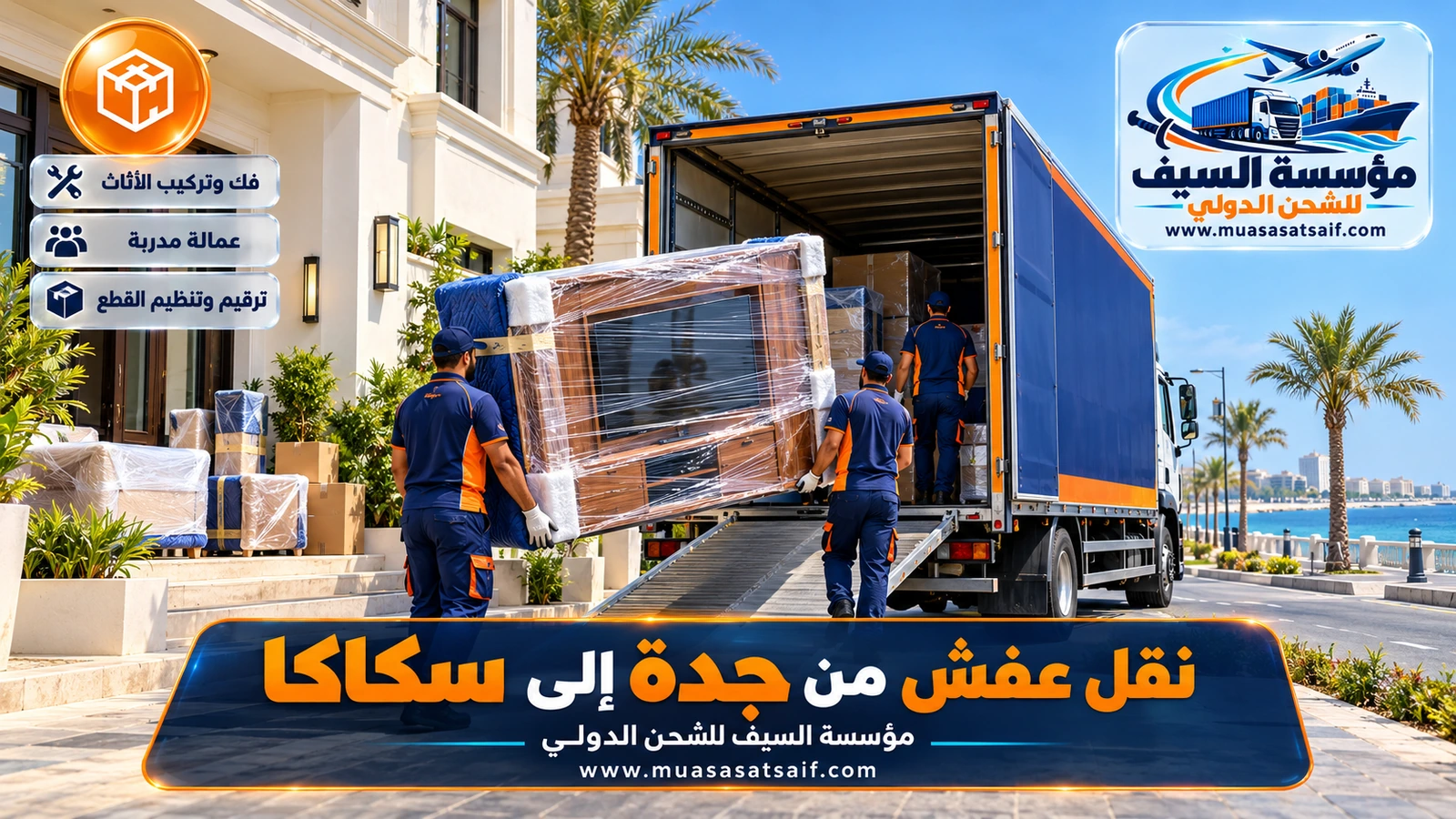 شركة نقل عفش من جدة الي سكاكا | رحلة منظمة عبر حائل والنفود بتغليف للمسافات الطويلة وتركيب في الجوف