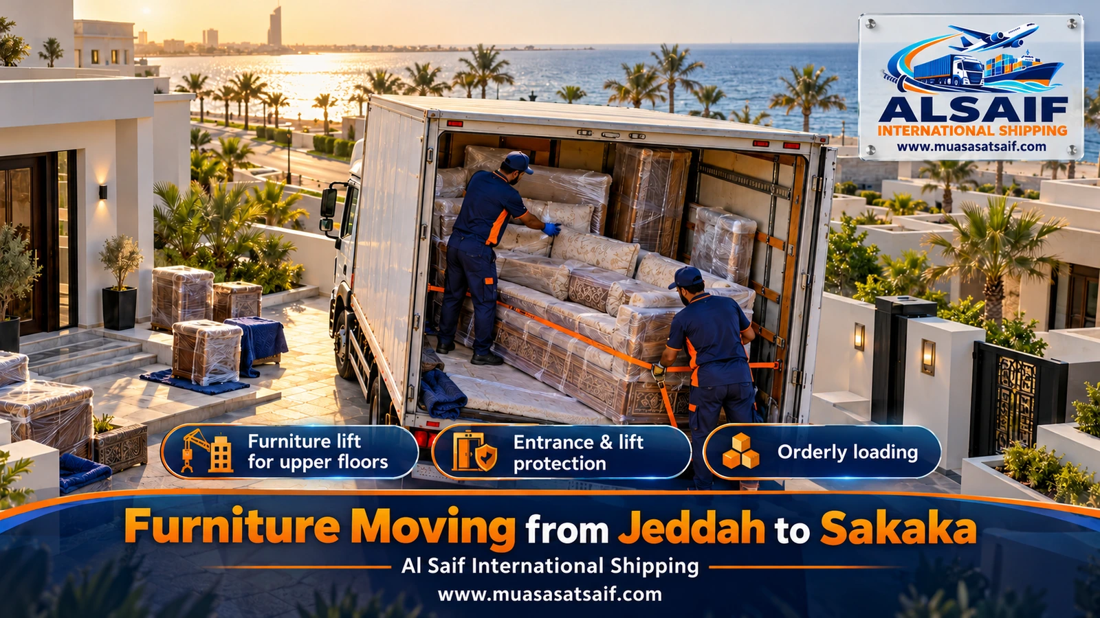 Wrapped furniture secured with separate straps inside a truck for furniture moving from Jeddah to Sakaka