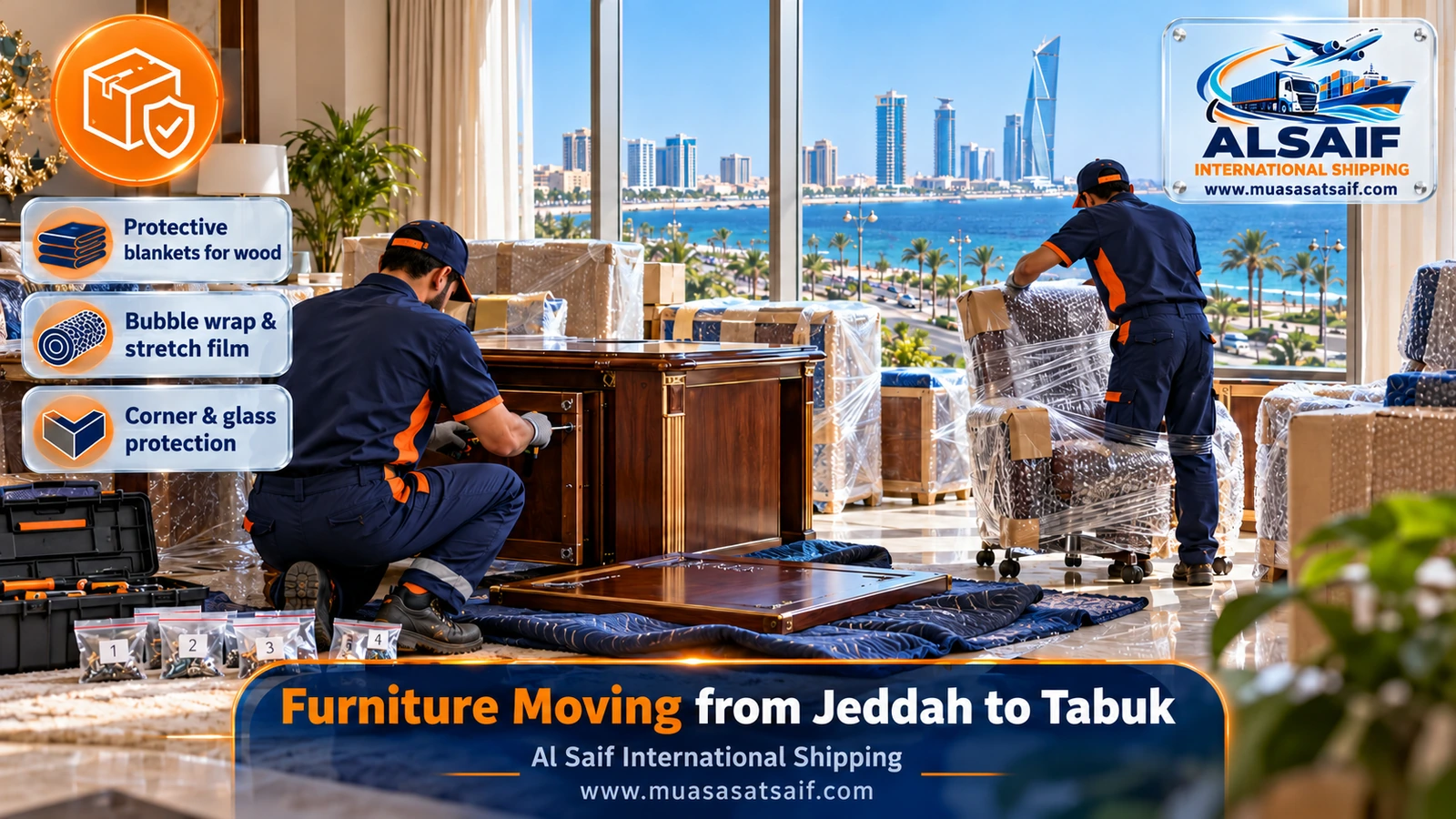 Wardrobe panels wrapped in blankets and plastic before furniture moving from Jeddah to Tabuk