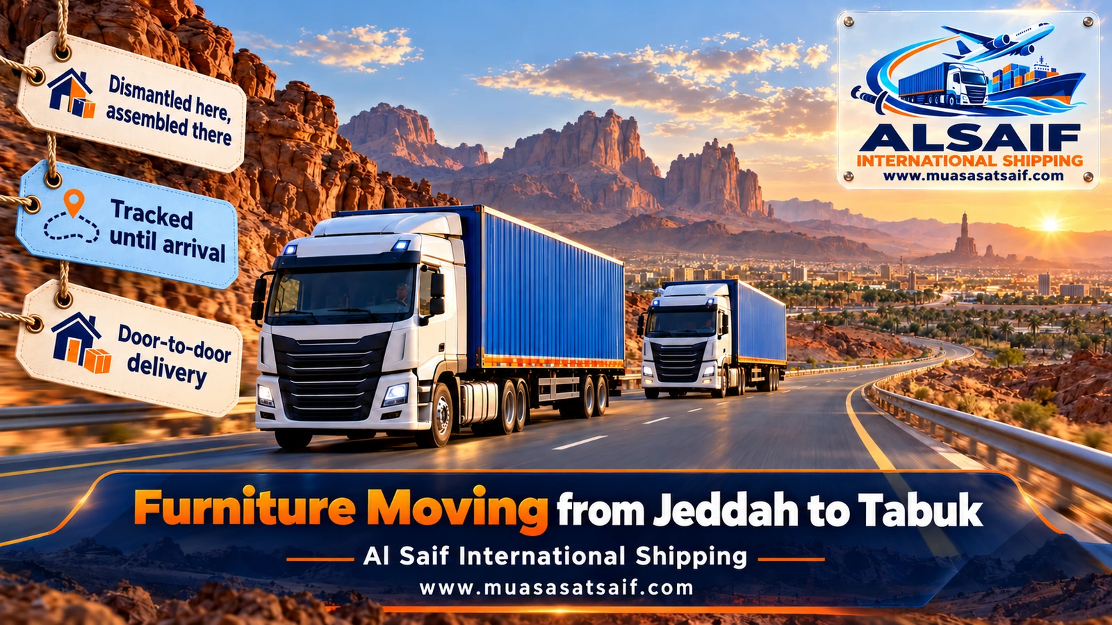 Closed removal truck on the Duba–Tabuk road during furniture moving from Jeddah to Tabuk