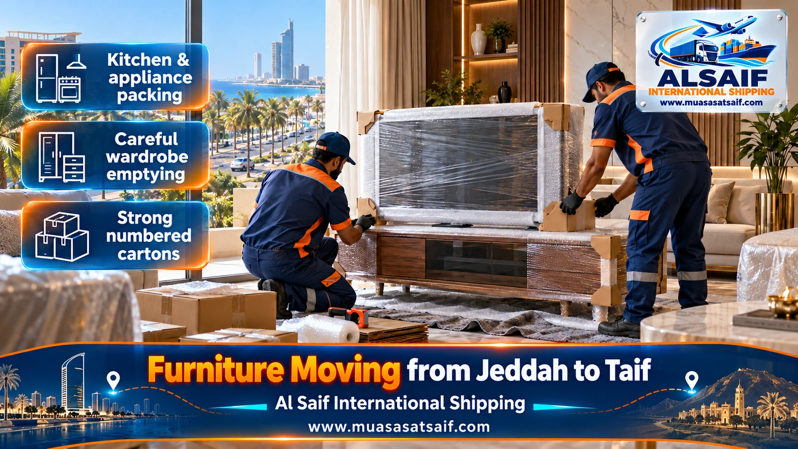Wardrobes and sofas wrapped in blankets in Jeddah before a move up to Taif