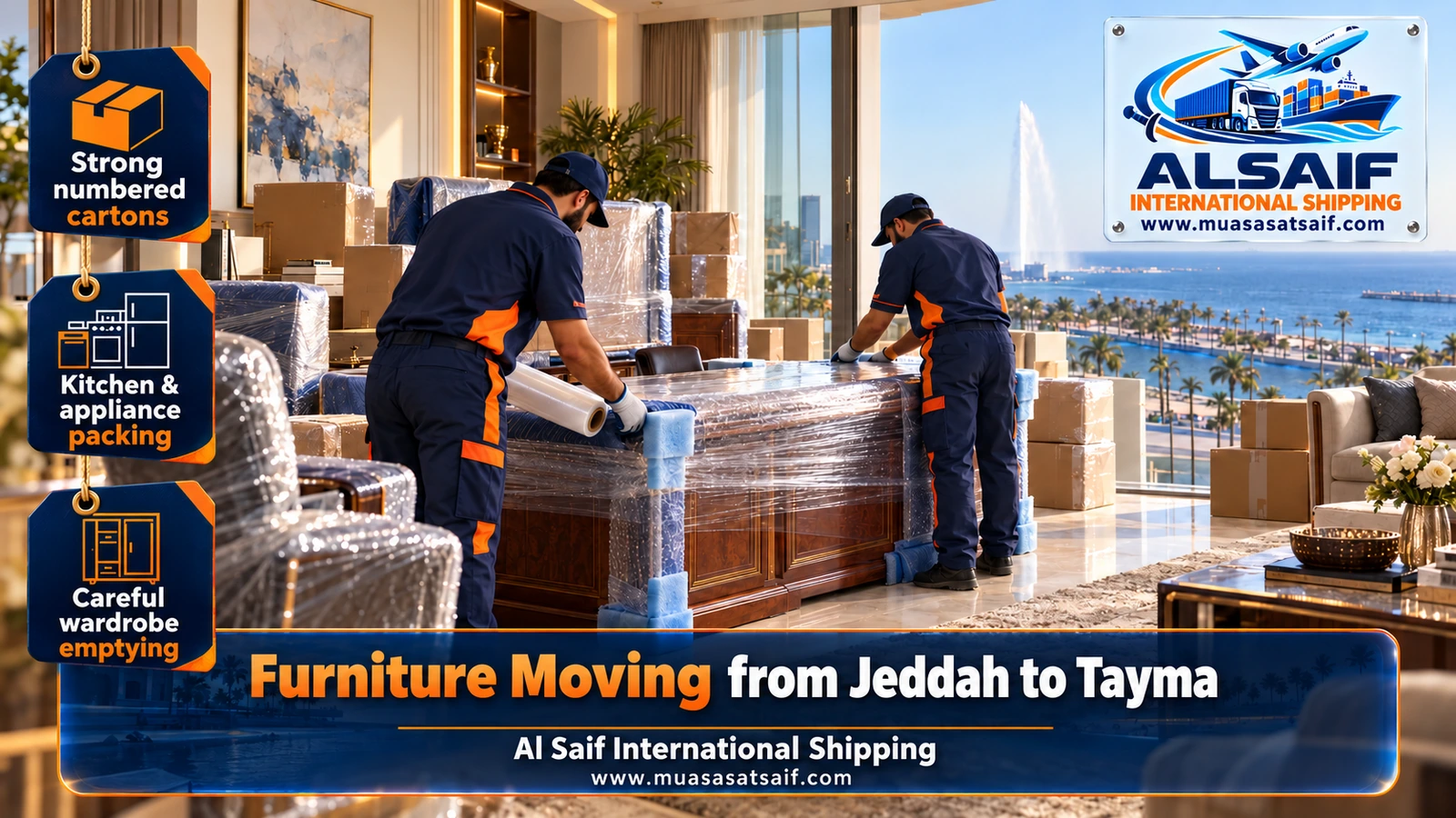 Majlis cushions and mattresses sealed against dust before furniture moving from Jeddah to Tayma