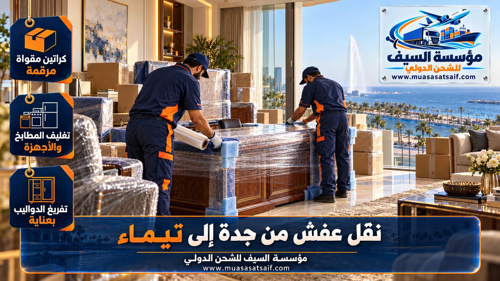 تغليف المجالس العربية والمراتب بأغطية محكمة لحمايتها من الغبار في نقل العفش من جدة إلى تيماء