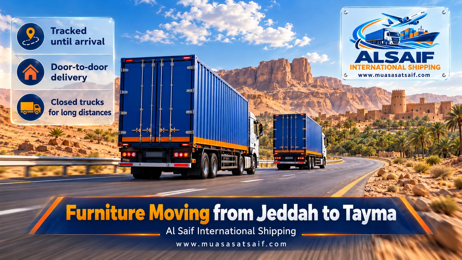 Closed removal truck crossing the Khaybar lava field road during furniture moving from Jeddah to Tayma