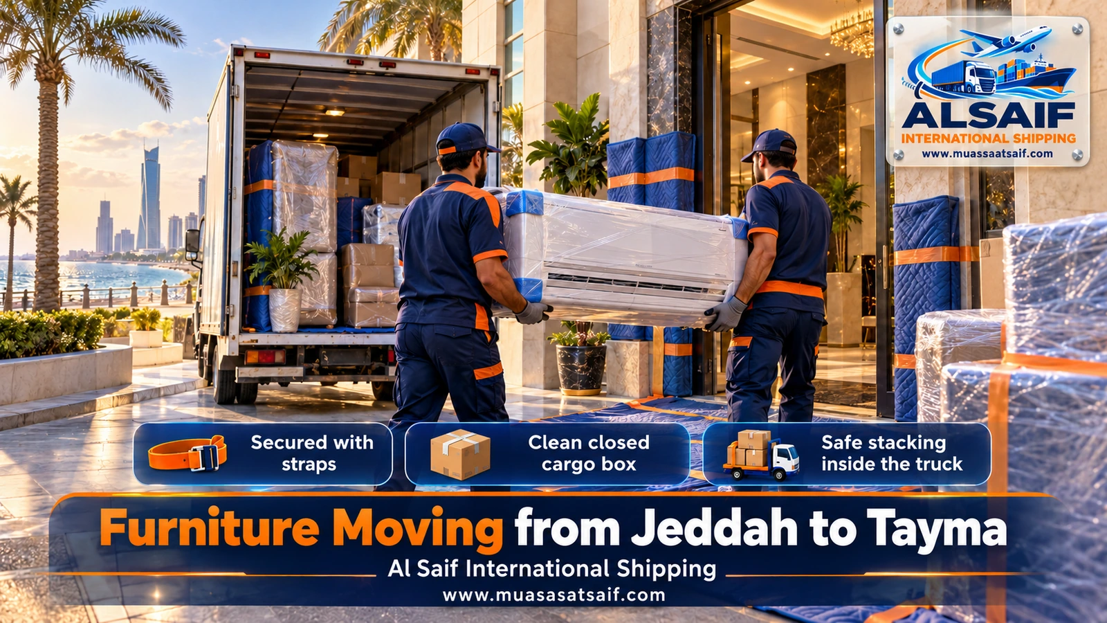 Wrapped furniture strapped inside a closed truck for furniture moving from Jeddah to Tayma