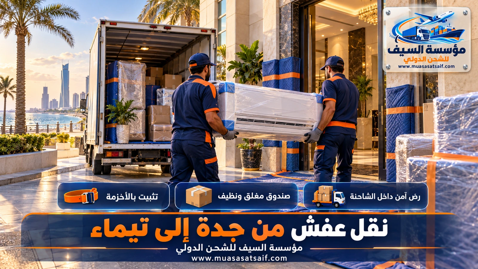 تحميل أثاث مغلف وتثبيته بالأحزمة داخل شاحنة شركة نقل عفش من جدة الي تيماء