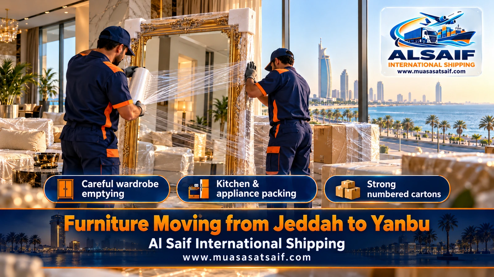 Bedroom furniture wrapped in bubble wrap and board before furniture moving from Jeddah to Yanbu