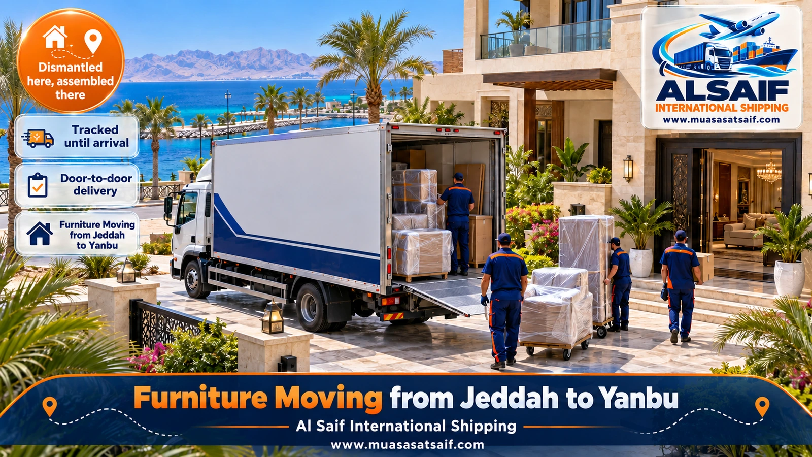 Closed removal truck on the coast road near Rabigh during furniture moving from Jeddah to Yanbu