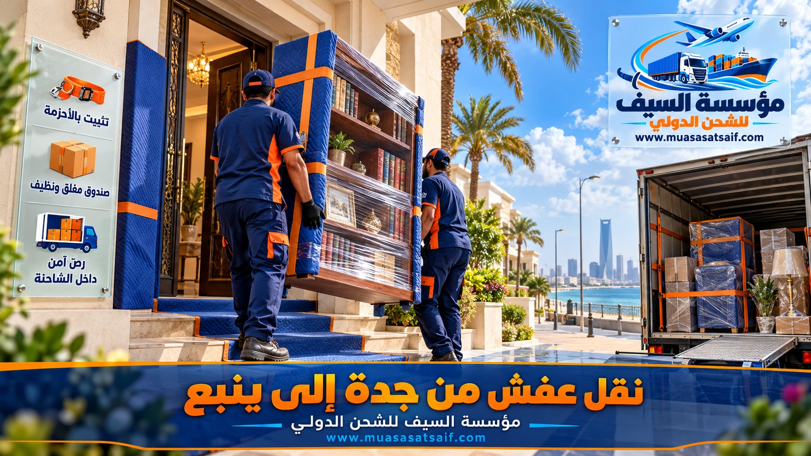 تحميل الأثاث المغلف وتثبيته بالأحزمة داخل شاحنة نقل العفش من جدة إلى ينبع