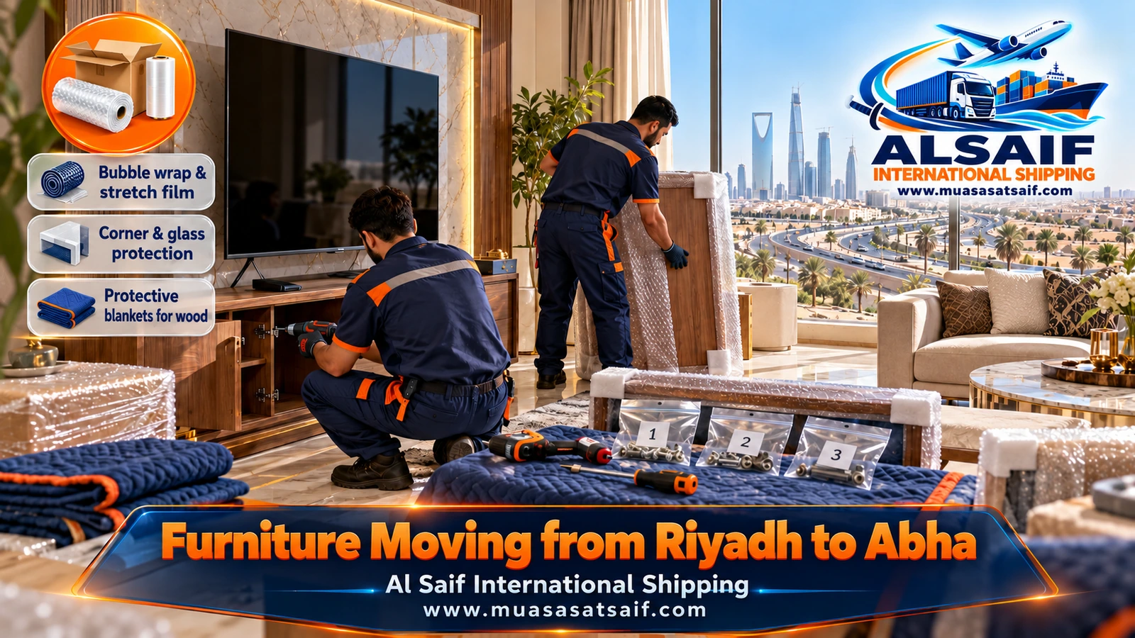 Crew wrapping sofas and bed frames in foam and stretch film before the move from Riyadh to Abha