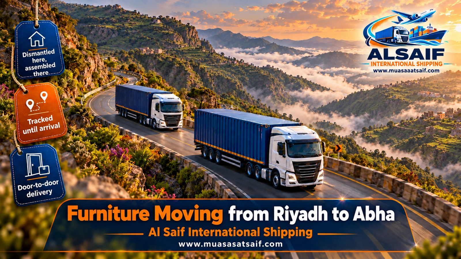 Closed moving truck climbing the road between Bisha and Khamis Mushait on the way from Riyadh to Abha