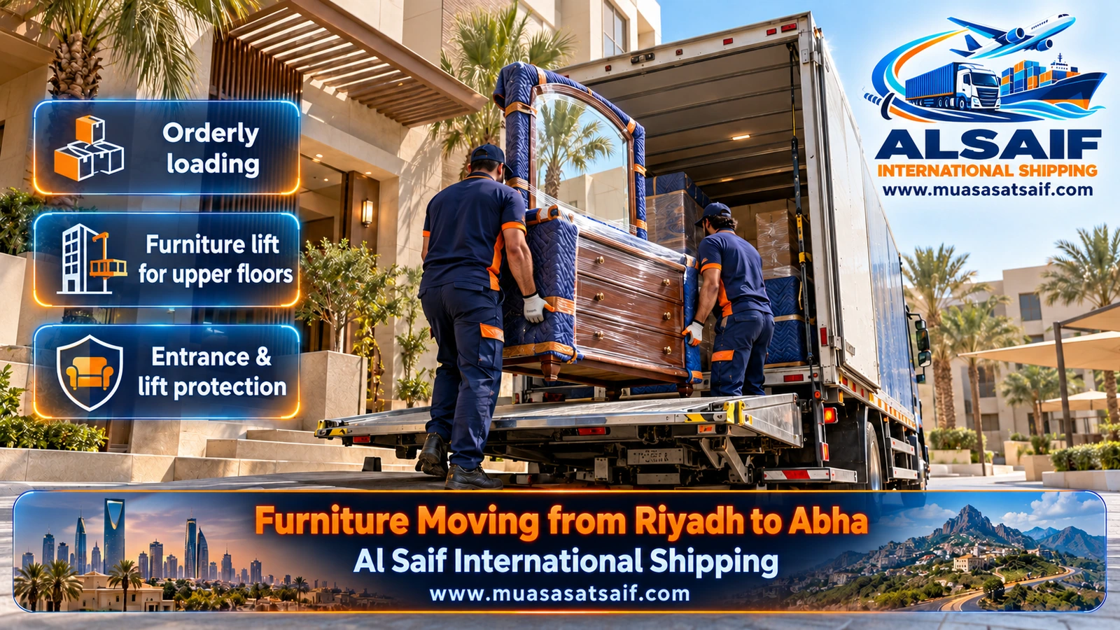 Furniture stacked and strapped inside a closed truck for moving from Riyadh to Abha