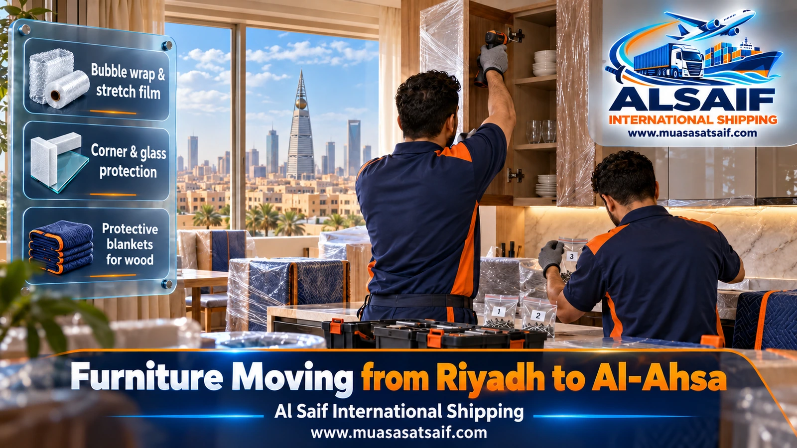 Wooden furniture and mattresses wrapped in blankets and film before moving from Riyadh to Al Ahsa