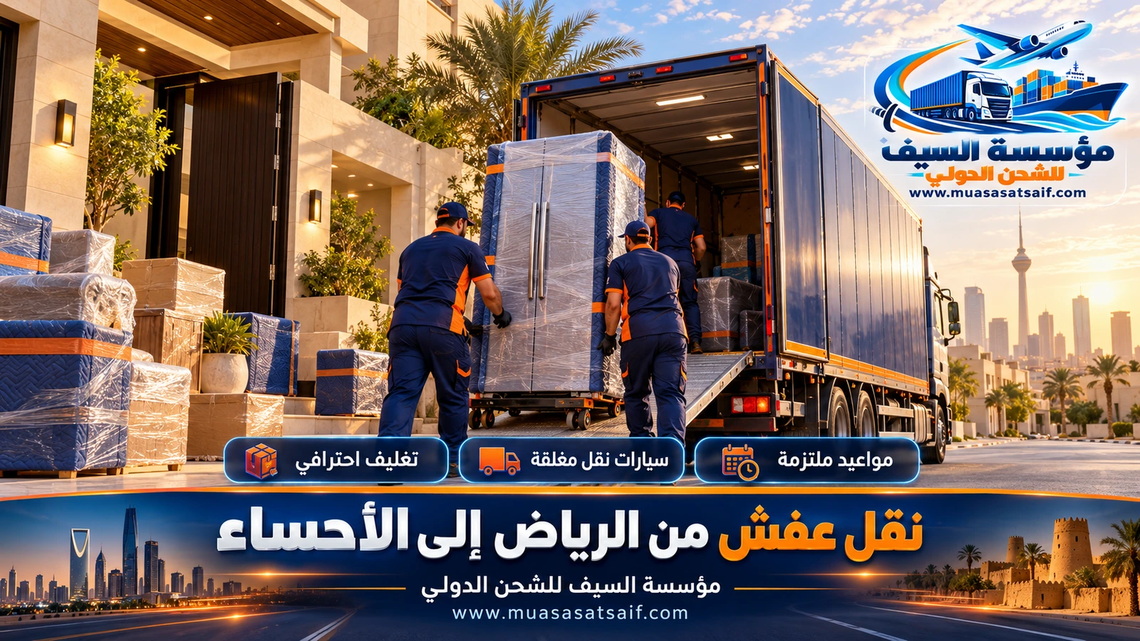 شركة نقل عفش من الرياض الي الاحساء | إلى المبرز والعيون والعمران وقرى الواحة مع التركيب