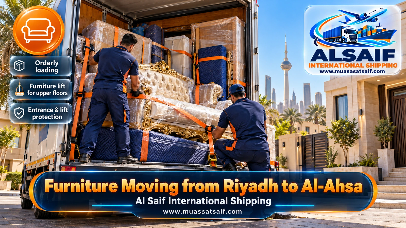 Furniture strapped inside a closed truck heading to Al Ahsa