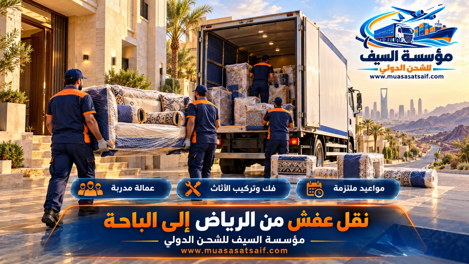 شركة نقل عفش من الرياض الي الباحة | تغليف يحمي من الرطوبة وصعود آمن إلى الهضبة