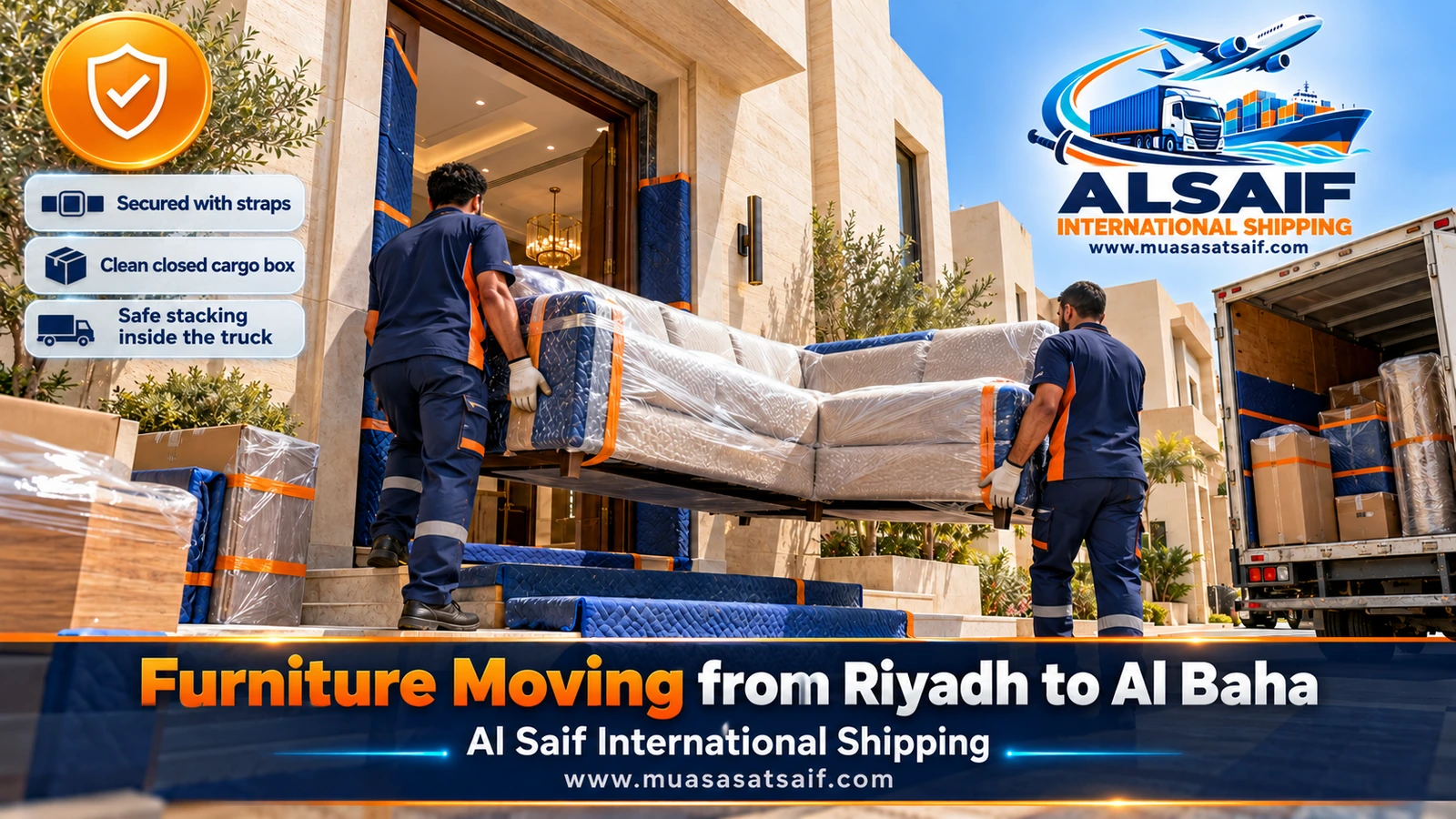 Furniture stacked and strapped inside a closed truck moving from Riyadh to Al Baha