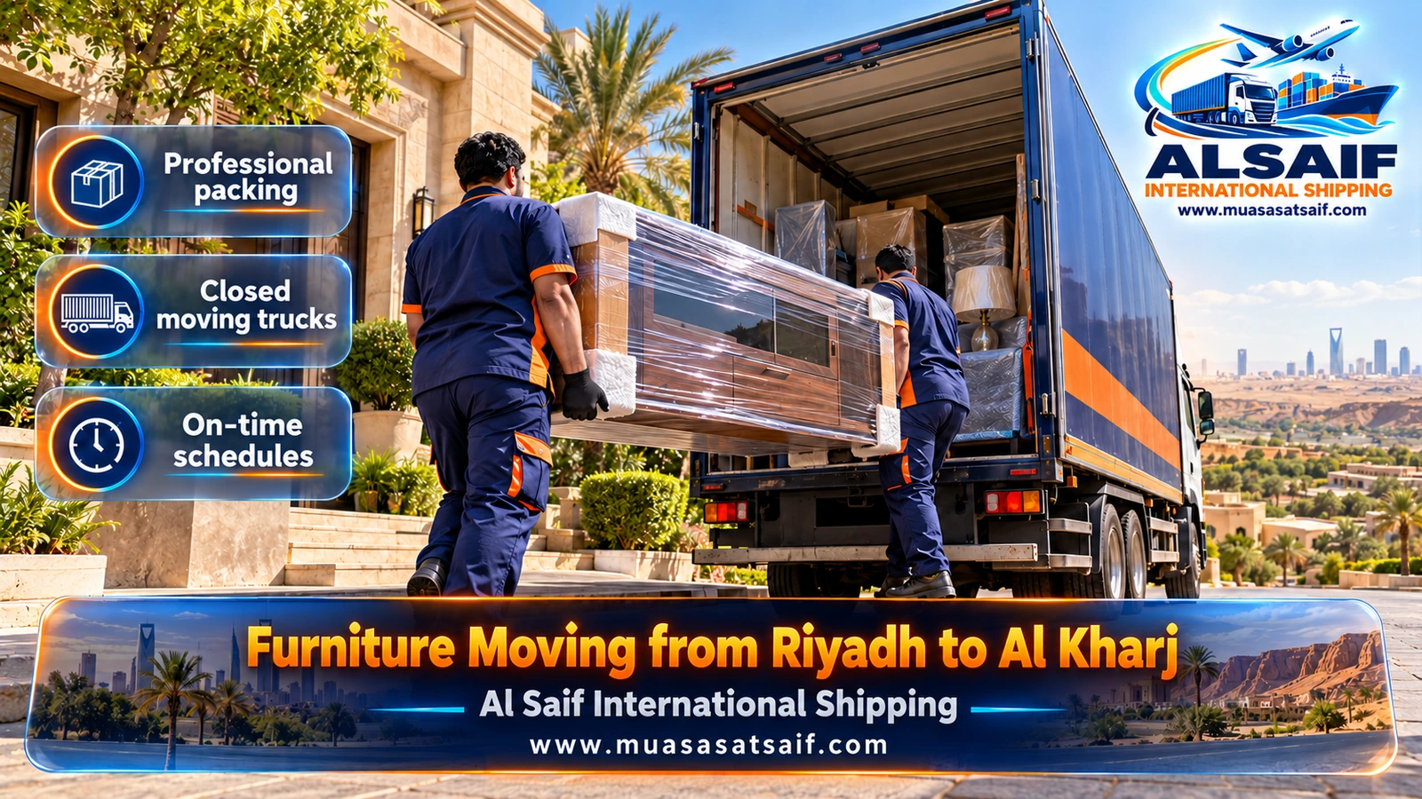 Furniture Moving from Riyadh to Al Kharj | One-Day Move with Dismantling, Assembly and Closed Dynas