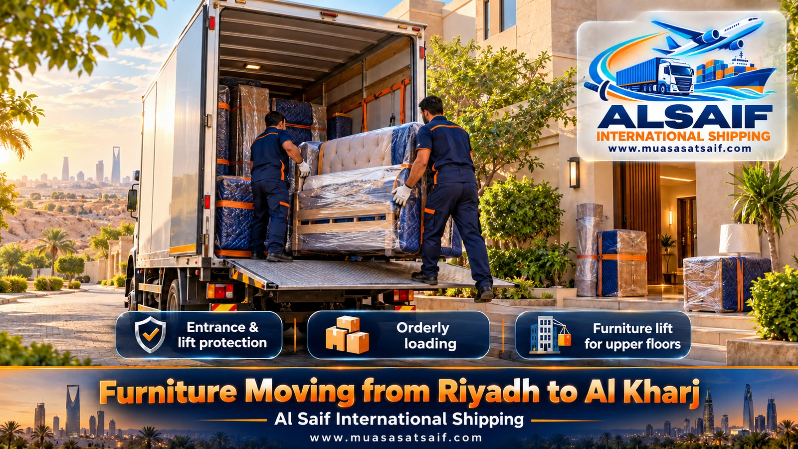 Dismantled furniture strapped inside a closed dyna heading from Riyadh to Al Kharj