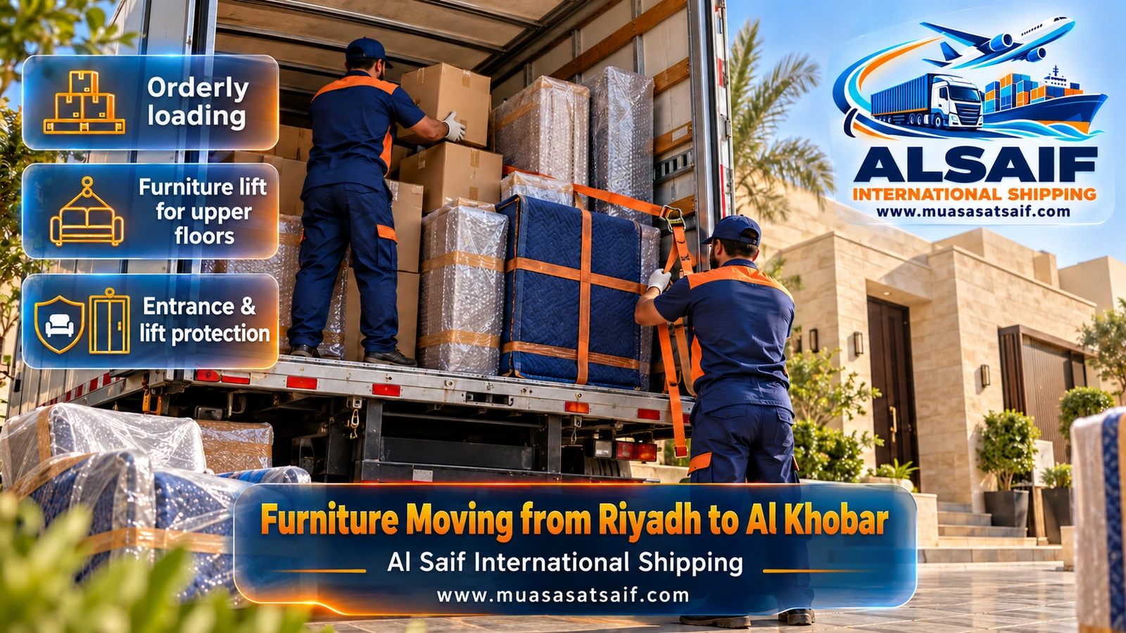 Wrapped furniture hoisted into a closed truck in Riyadh before the drive to Al Khobar