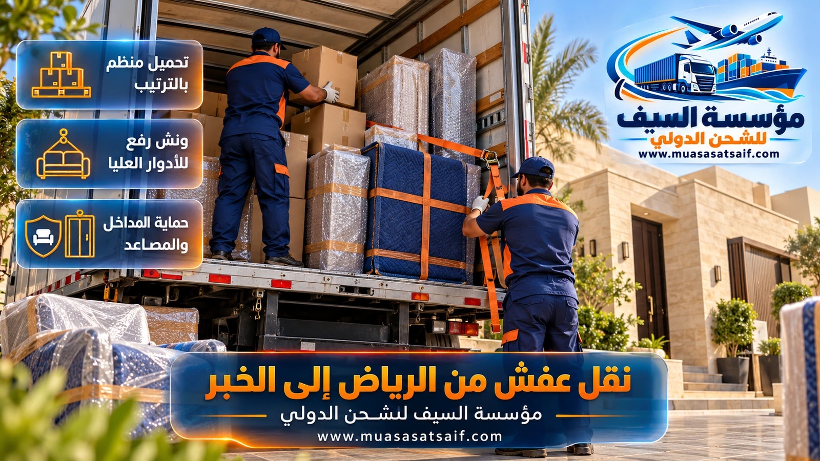 تحميل أثاث مغلف في شاحنة مغلقة بالونش في الرياض قبل الانطلاق إلى الخبر