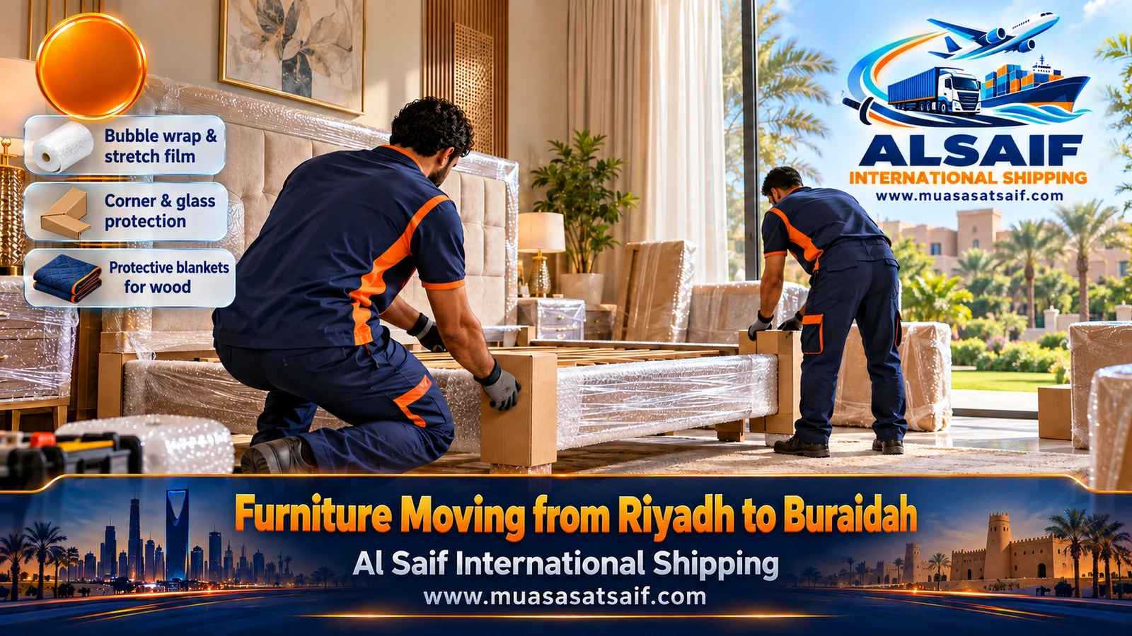 Packing bedroom furniture and kitchenware before furniture moving from Riyadh to Buraidah