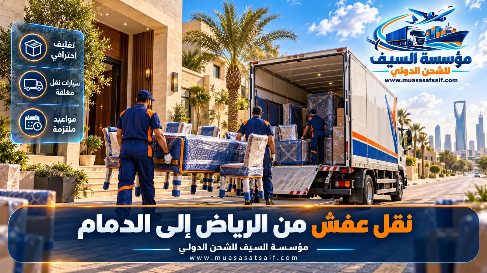شركة نقل عفش من الرياض الي الدمام | تغليف يناسب رطوبة الشرقية وشاحنات مغلقة وتركيب كامل