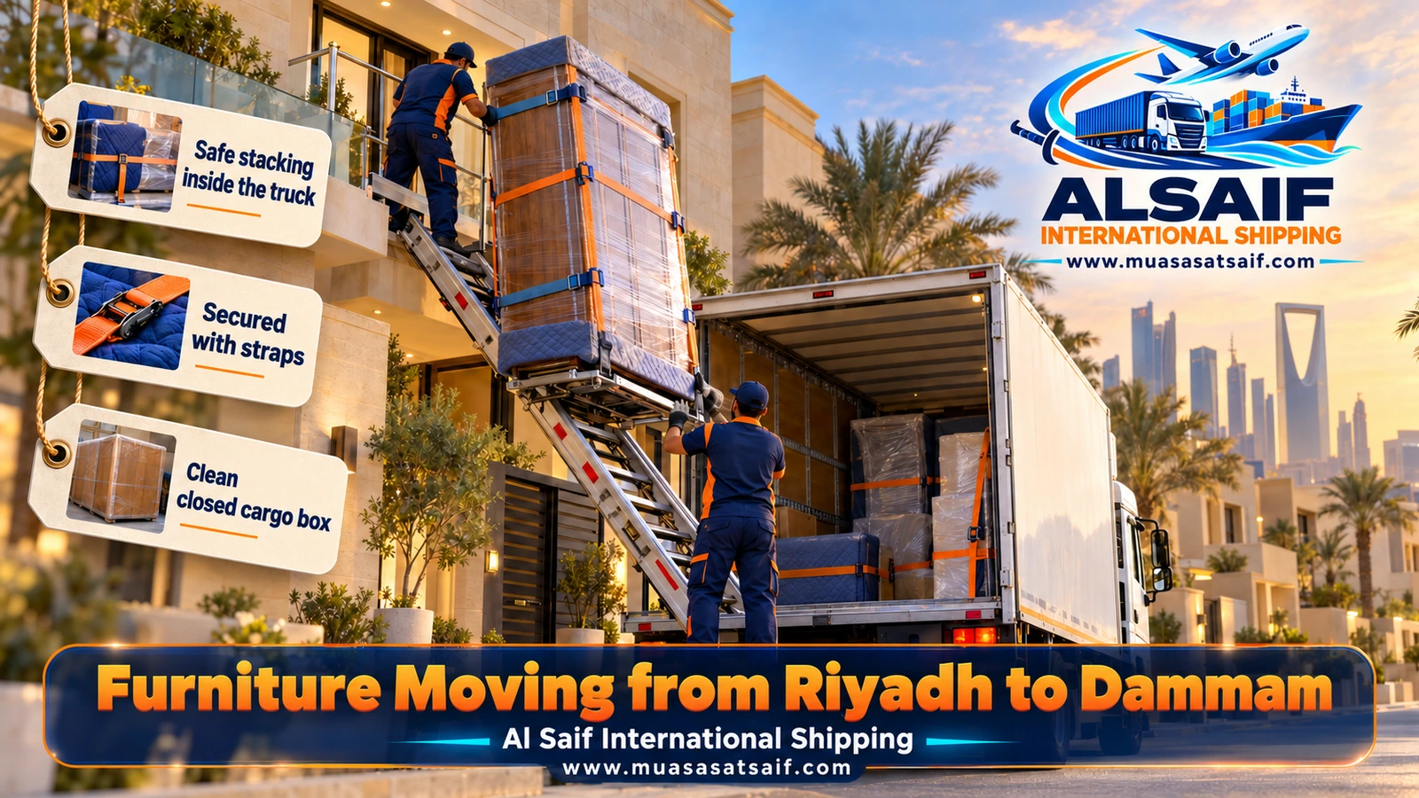 Hoist lifting wrapped furniture into a closed truck for a move from Riyadh to Dammam