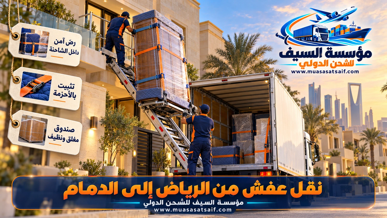 رفع الأثاث المغلف بالونش وتحميله في شاحنة مغلقة لنقل العفش من الرياض إلى الدمام