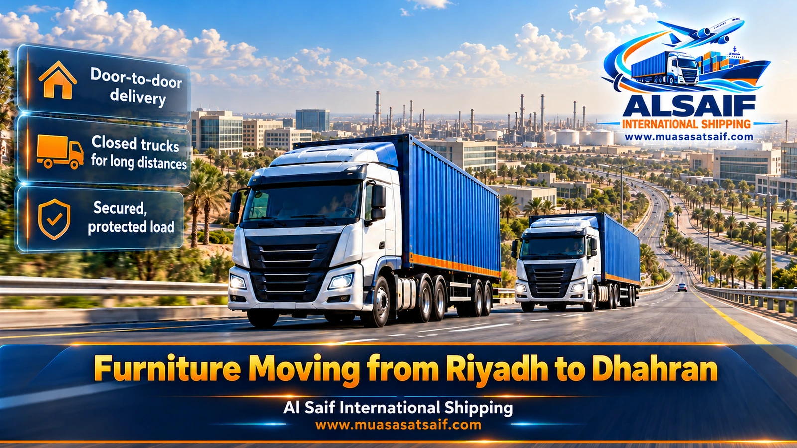 Closed furniture truck on the expressway from Riyadh to Dhahran