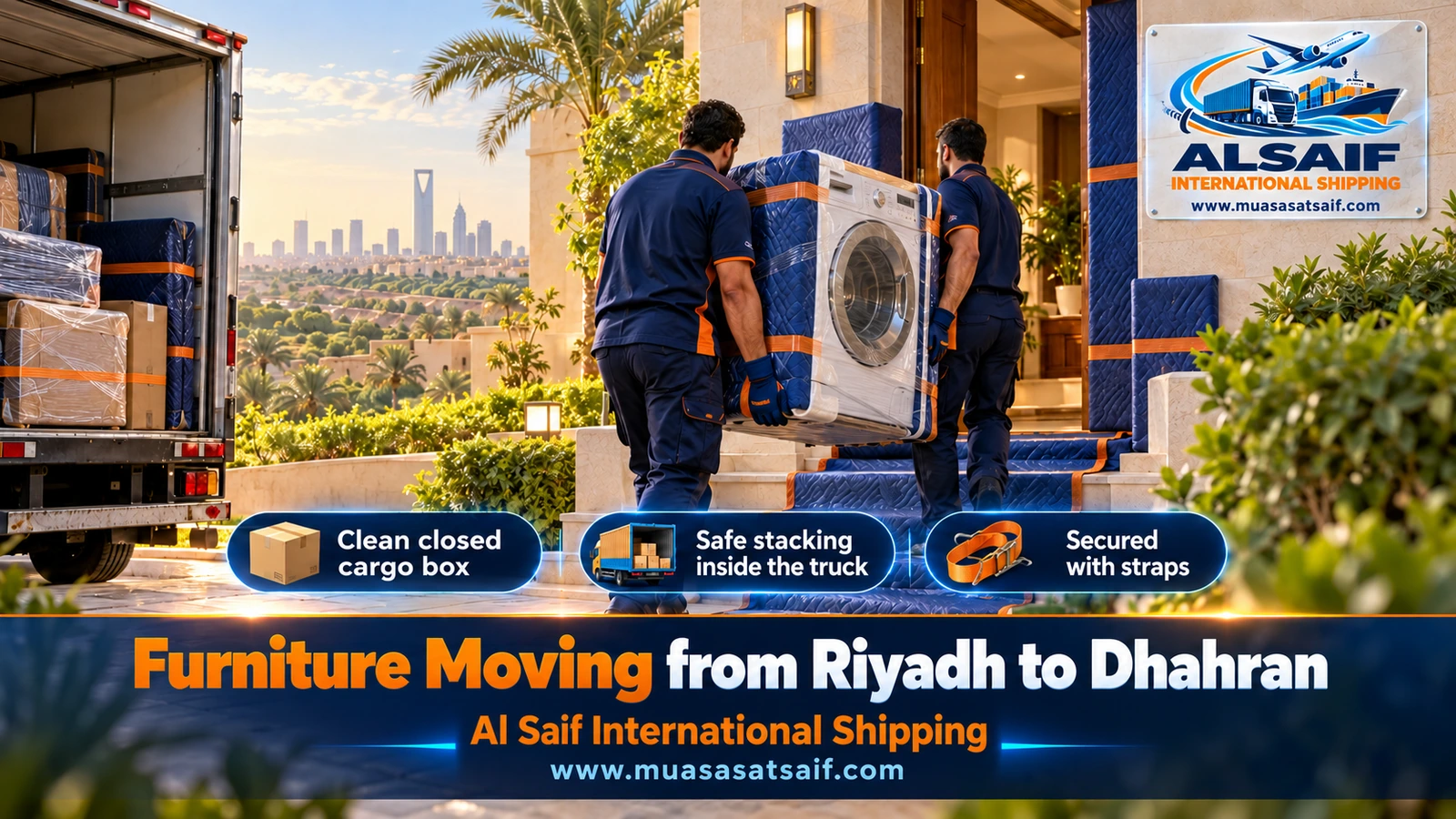 Wrapped furniture strapped inside a closed truck before leaving for Dhahran