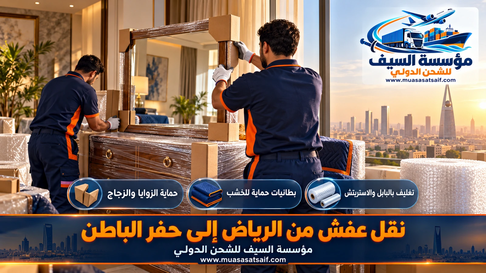 تغليف ألواح الدواليب والكنب بالبطانيات والبلاستيك للنقل من الرياض إلى حفر الباطن