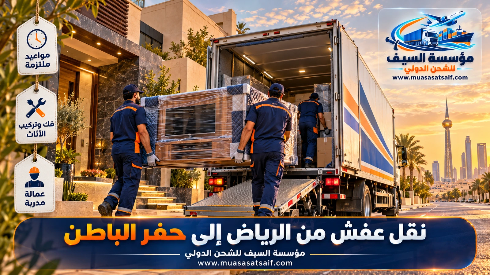شركة نقل عفش من الرياض الي حفر الباطن | تغليف للمسافات الطويلة وتركيب في أحياء المدينة والقيصومة