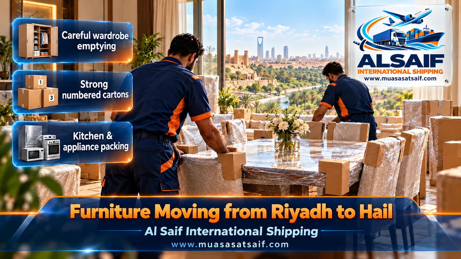 Double-layer furniture wrapping before furniture moving from Riyadh to Hail