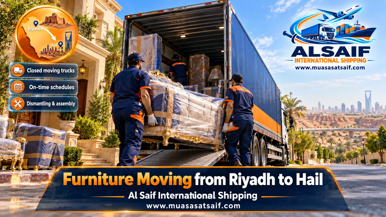 Furniture Moving from Riyadh to Hail | Closed Trucks via Qassim with Packing & Assembly