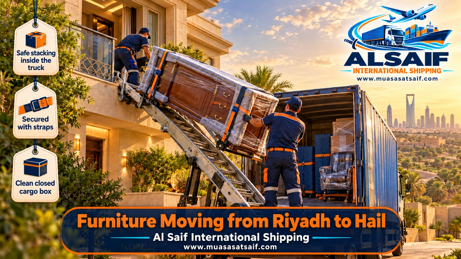 Ratchet straps securing furniture in a closed truck for furniture moving from Riyadh to Hail