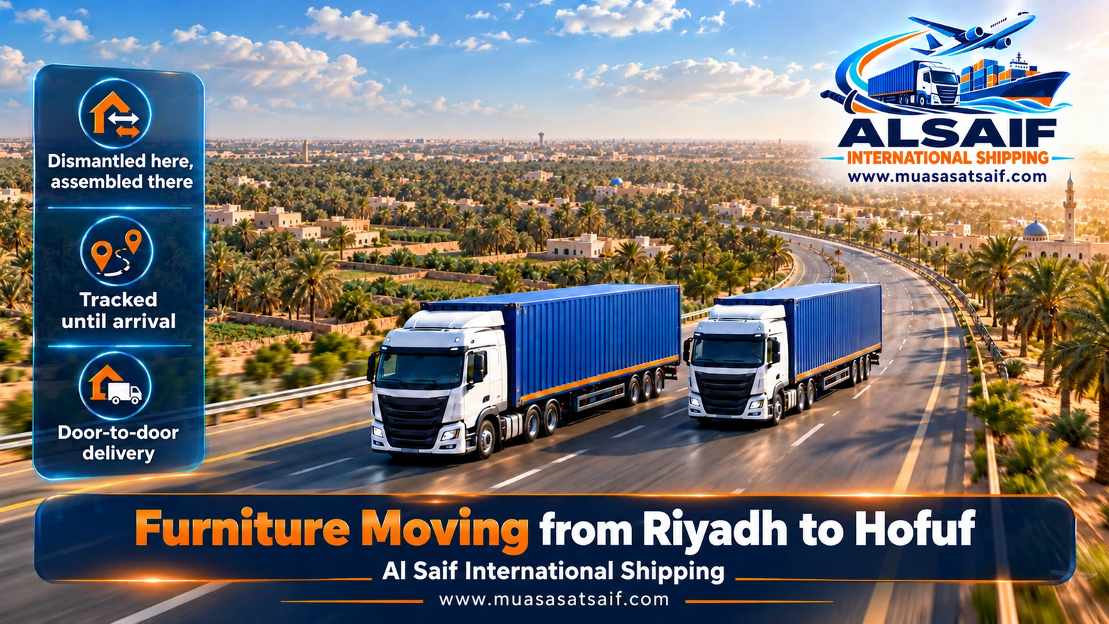 Closed furniture truck crossing the Khurais road from Riyadh to Hofuf