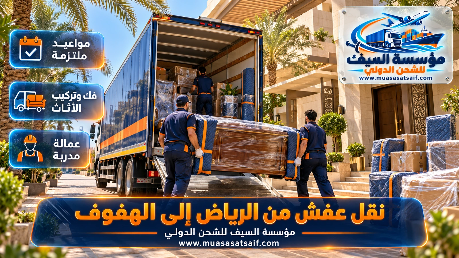 شركة نقل عفش من الرياض الي الهفوف | تسليم في الكوت والرفعة والمهندسين مع الفك والتركيب
