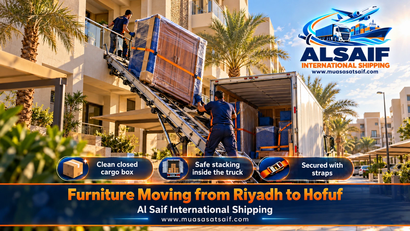 Appliances and flat-packed wardrobes arranged inside a closed truck heading to Hofuf