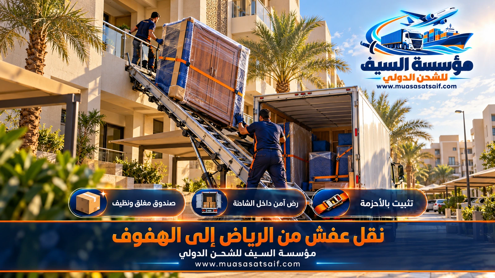 ترتيب الأجهزة والدواليب المفككة داخل شاحنة نقل عفش متجهة إلى الهفوف