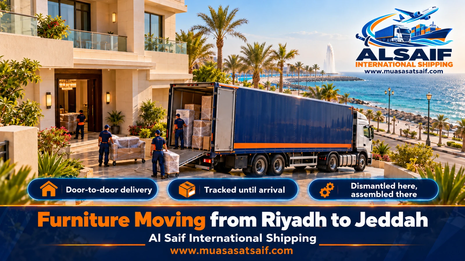 Closed furniture truck on the Riyadh–Makkah expressway during a Riyadh to Jeddah move