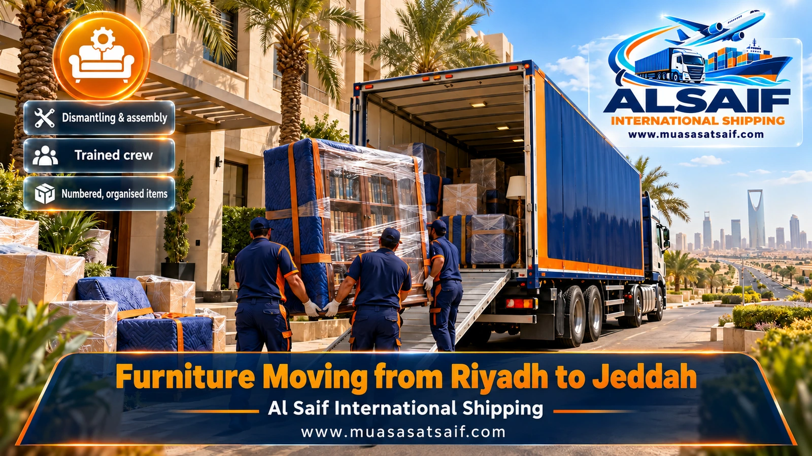 Furniture Moving from Riyadh to Jeddah | Dismantling, Packing, Closed Trucks and Reassembly